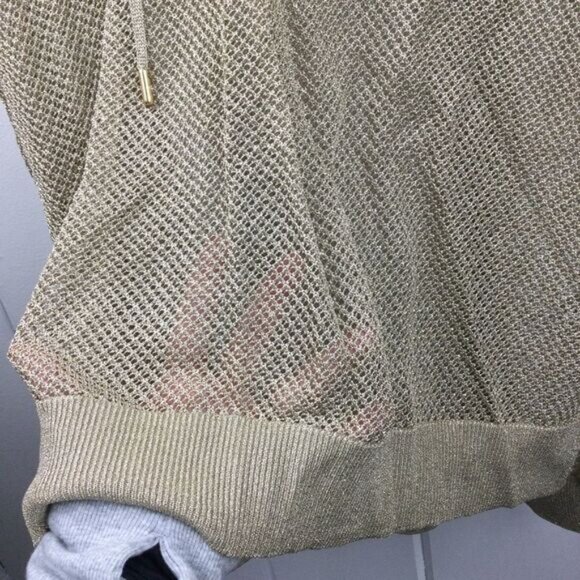 Michael Kors Metallic Gold Mesh Knit Hoodie Top with V-Neck - Size XL - Picture 7 of 9